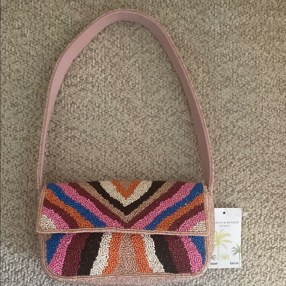 Beaded Stripe Shoulder Bag with Pink Strap